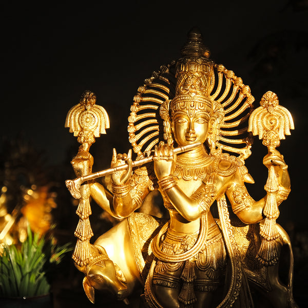 22" Brass Krishna Statue with Cow, Large Size Krishan Décor Idol