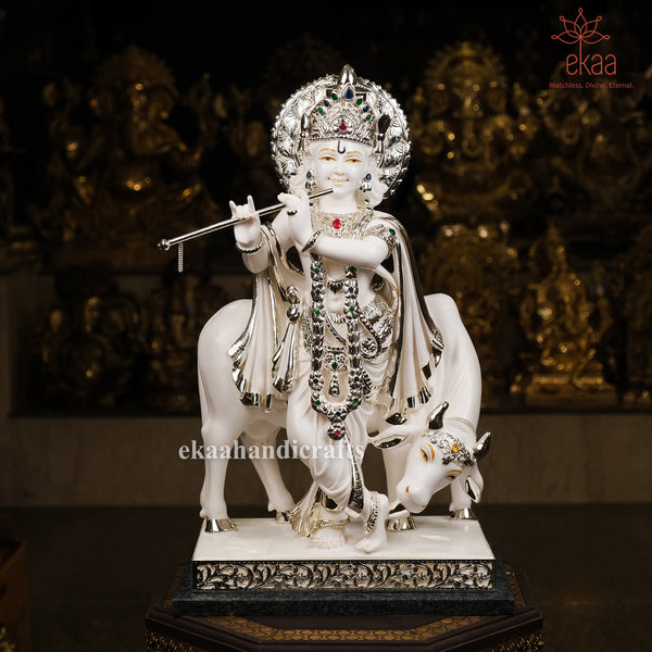 24.5" Krishna Statue with Cow, 5 Micron Silver Plating on Granite Base