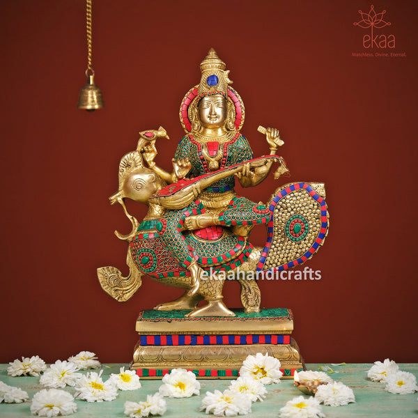 20" Goddess Saraswati Statue Playing Veena Brass