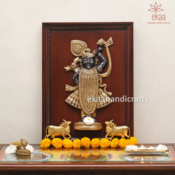 Brass Shreenath ji Statue in Frame with Cow