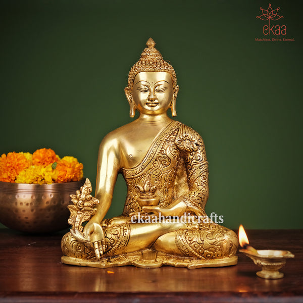Lord Buddha Statue sitting in Meditating Mudra in Brass Showpiece