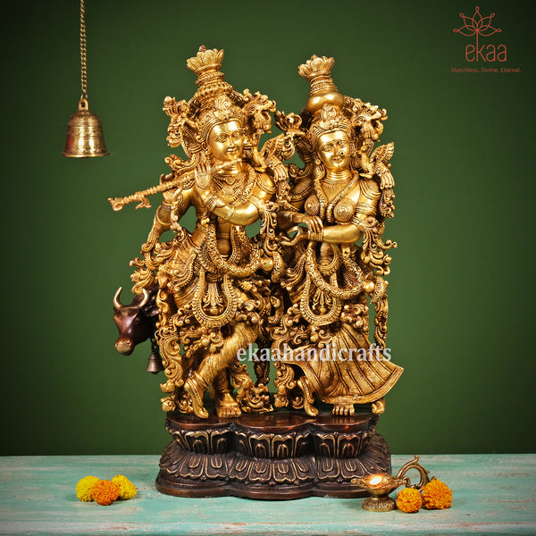 Radha Krishna Statue with Cow for Home Temple Showpiece in Brass