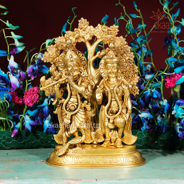 13.5" Brass Radha Krishna Statue for Home Temple Showpiece