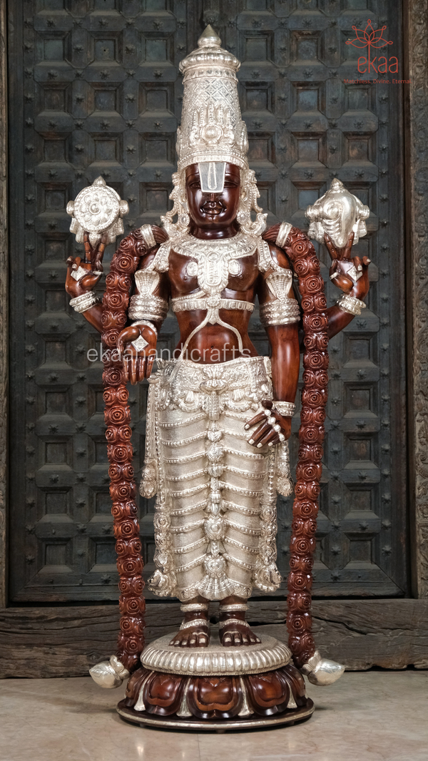 64" Wood Tirupati Balaji Statue with Silver Cladding