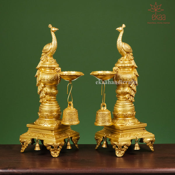 20" Brass Peacock Diya with Bell