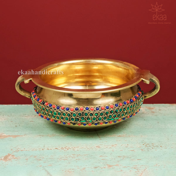 6" Brass Urli Bowl with Stonework