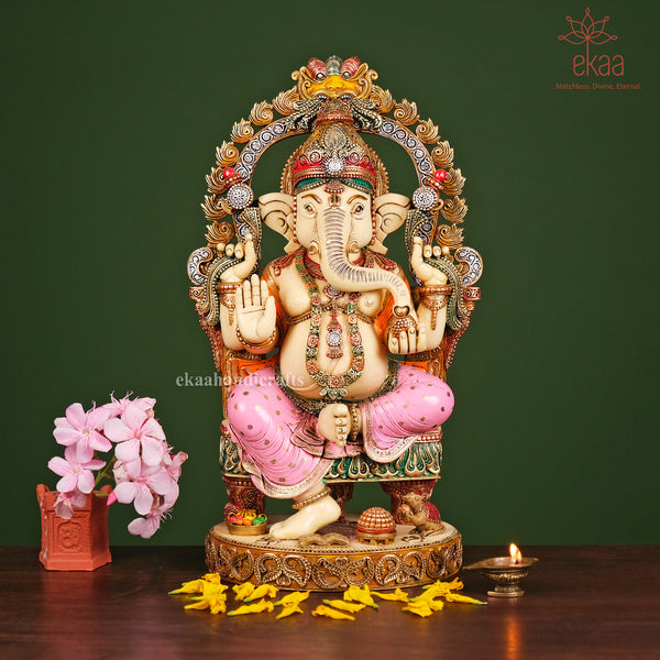 17" Seated Ganesha Idol with Ornate Arch