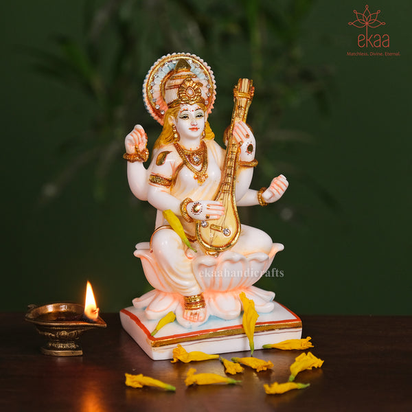 7" Culture Marble Saraswati Idol on Lotus – Handpainted Statue of Wisdom