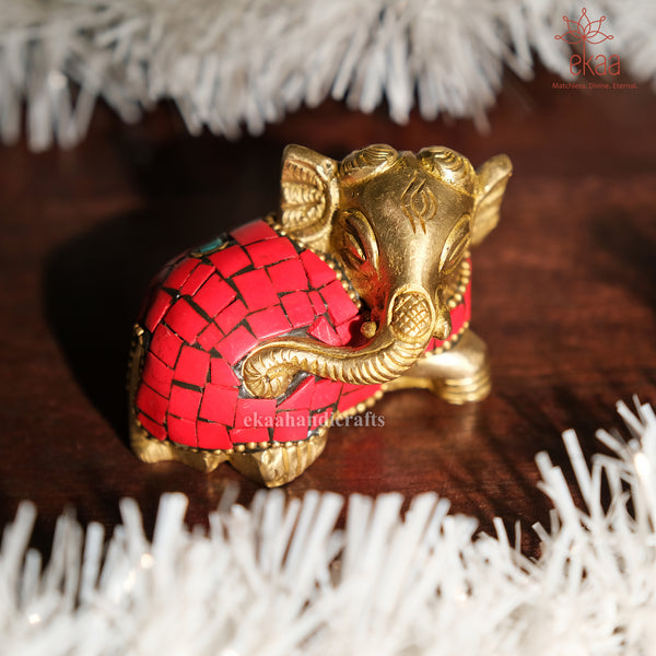 Brass Red Mosaic Resting Elephant Statue
