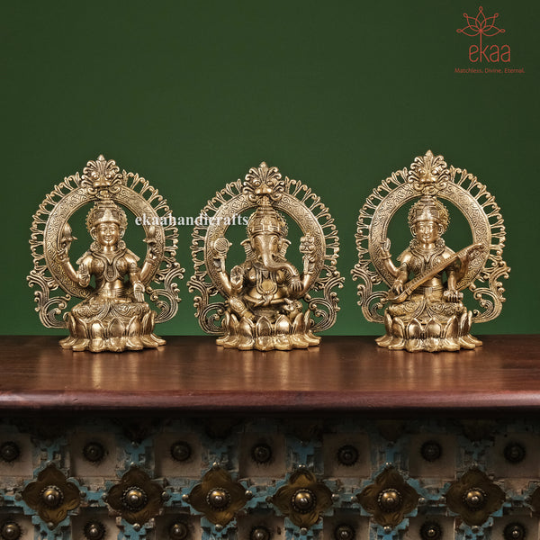 9.5" Brass Lord Ganesha, Goddess Lakshmi, Goddess Saraswati Idols