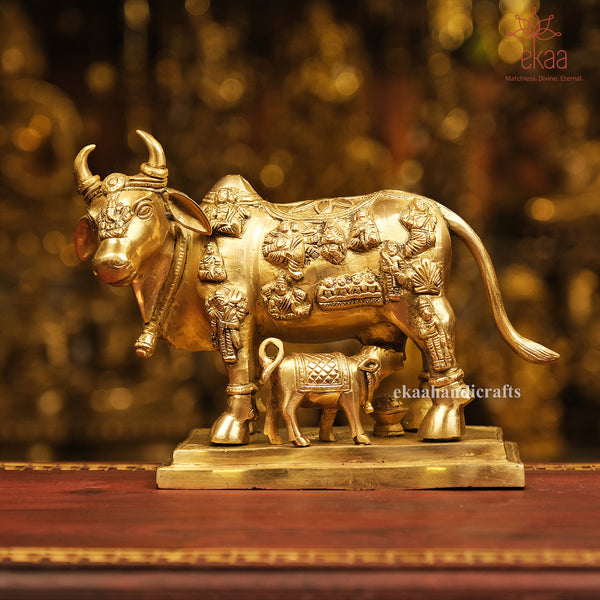 7.5" Brass Cow and Calf Statue for Home Decor