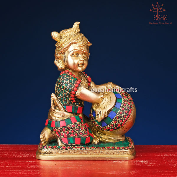 Bal Krishna Statue in Brass with Stonework