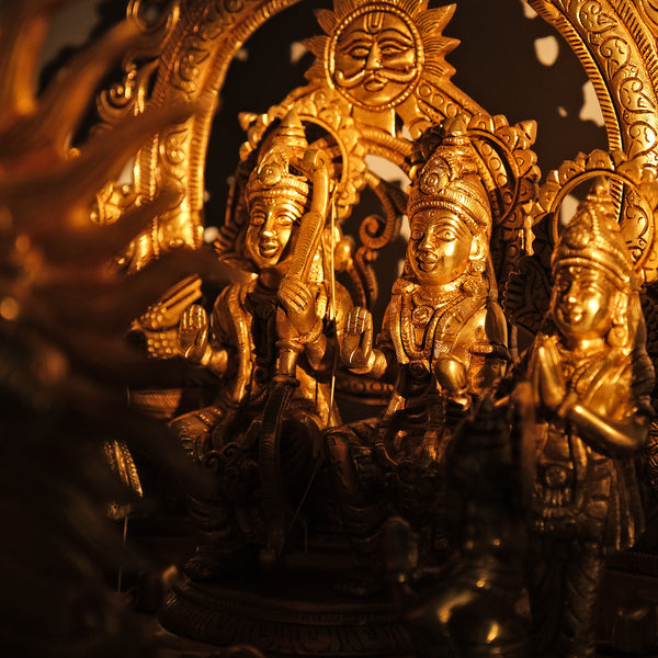 15.5" Brass Ram Darbar, God Ram, Laxman, Hanuman and Goddess Sita with Arch