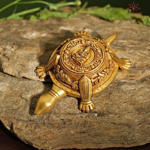 Brass Tortoise with Engraved Ganesha-Divine Prosperity Sculpture