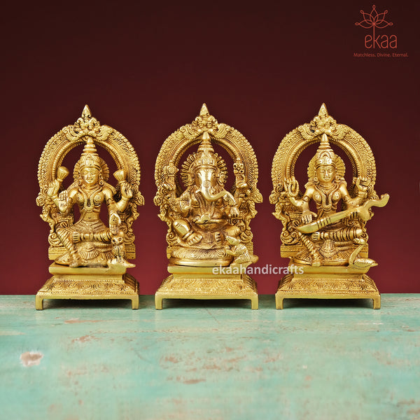 7.5" Brass Lord Ganesha, Goddess Lakshmi, Goddess Saraswati Idols