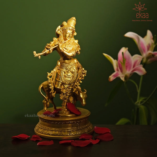 10" Brass Krishna & Cow – The Melody of Vrindavan