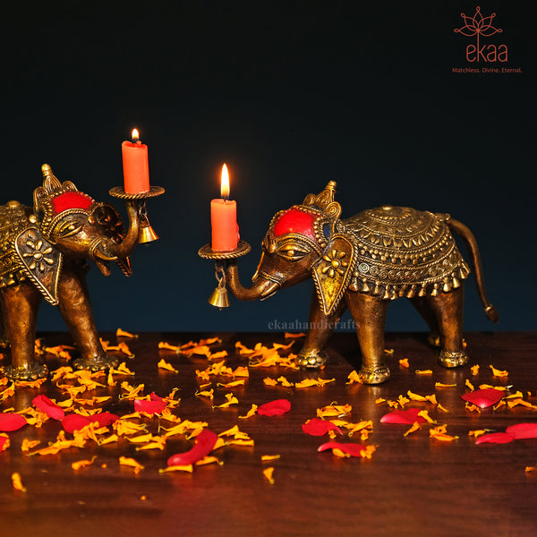Brass Dhokra Art Decorative Elephant Candle Holder