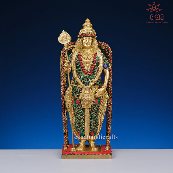 11" Brass Kartikeya Idol with Peacock Murugan Swami