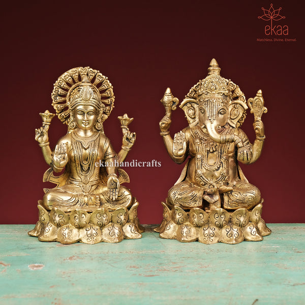 9" Lakshmi Ganesh Statue on Lotus in Brass