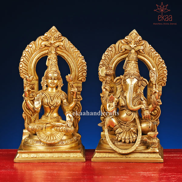 11" Lakshmi Ganesh Statue with Arch in Brass