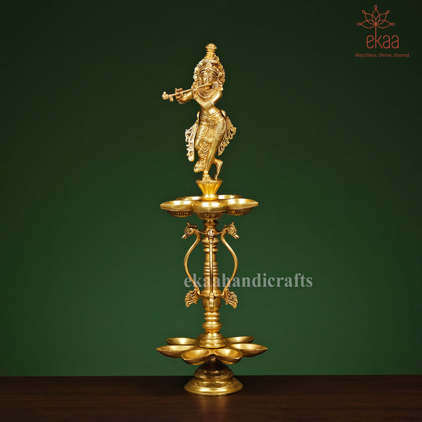 22" Brass Krishna Diya Oil Lamp Home Decor