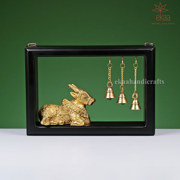 Brass Nandi with Bells on Wooden Frame