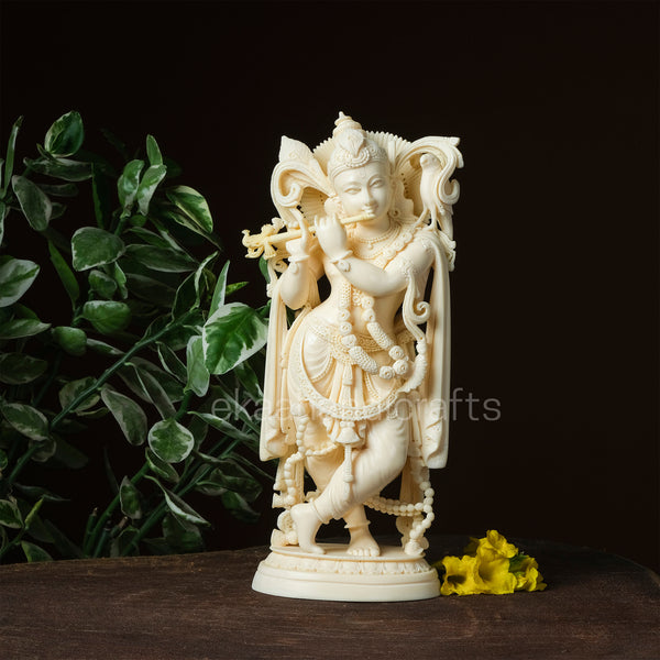 12" Lord Krishna Statue Playing Flute Culture Marble