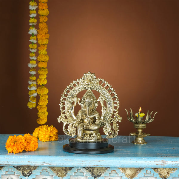 Brass Lord Ganesha with Arch on Wooden Base