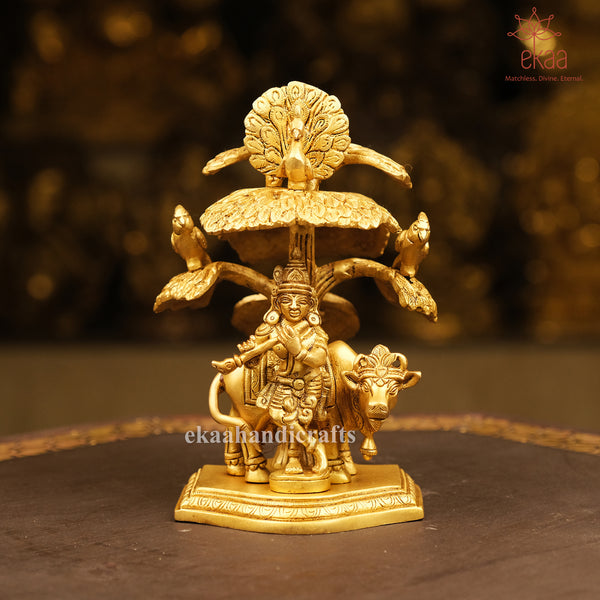 Brass Lord Krishna Statue with Cow and Tree