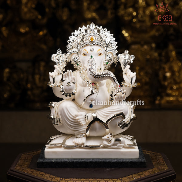 15.5" Lord Ganesha Statue with 5 Micron Silver Plating on Granite Base