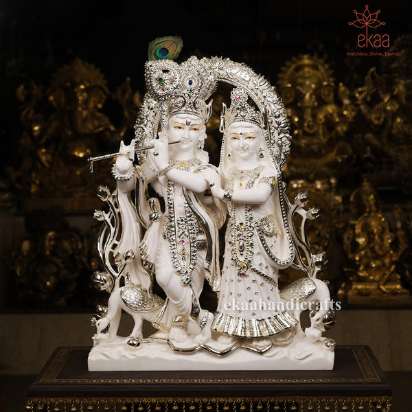 27" Radha Krishna Statue with 5 Micron Silver Plating on Granite Base