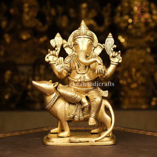 10" Brass Ganesha Idol sitting on Mouse