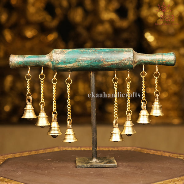 Wooden Handcrafted Belan on Stand with bells for Home Decor