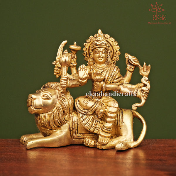 Brass Goddess Durga Statue on Lion for Home Temple