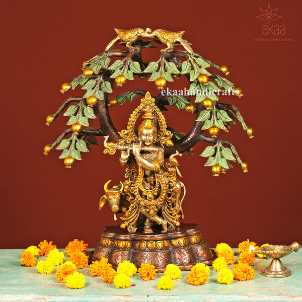 21" Brass Cow Krishna Statue with Tree