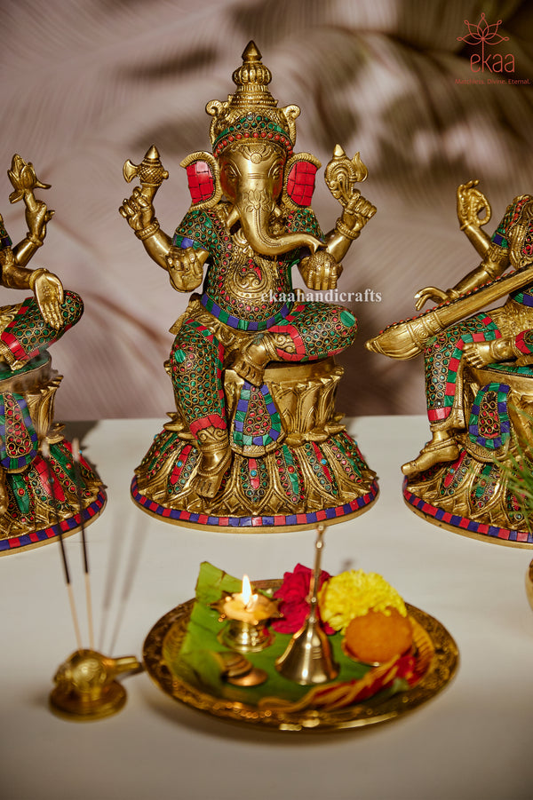 Brass Lord Ganesh Sitting on Lotus with Stonework