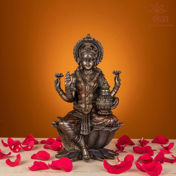 Goddess Lakshmi on Lotus in Bonded Bronze 12"