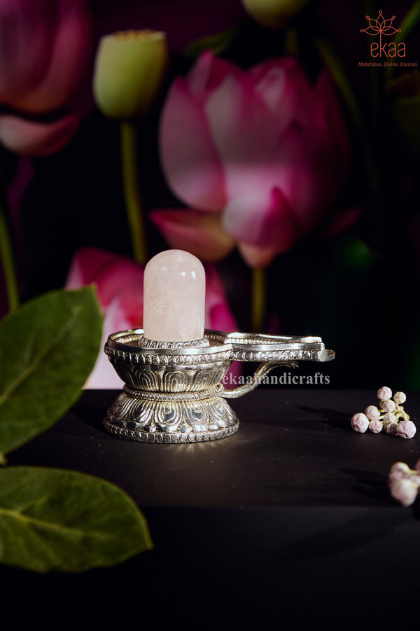 Metal Shivling with Rose Quartz Stone Lingam