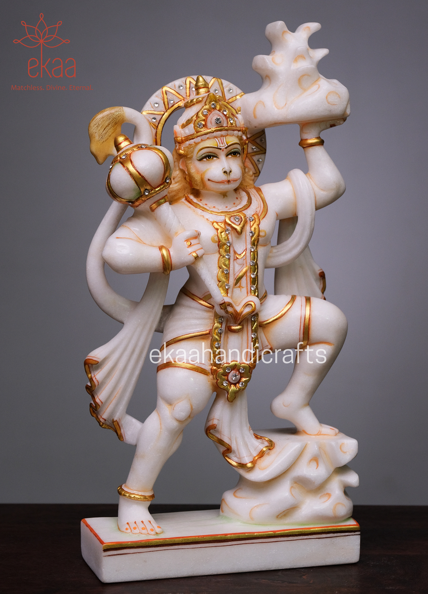 Marble Lord Hanuman Idol Holding Sanjeevi Booti Mountain – Ekaa Handicrafts