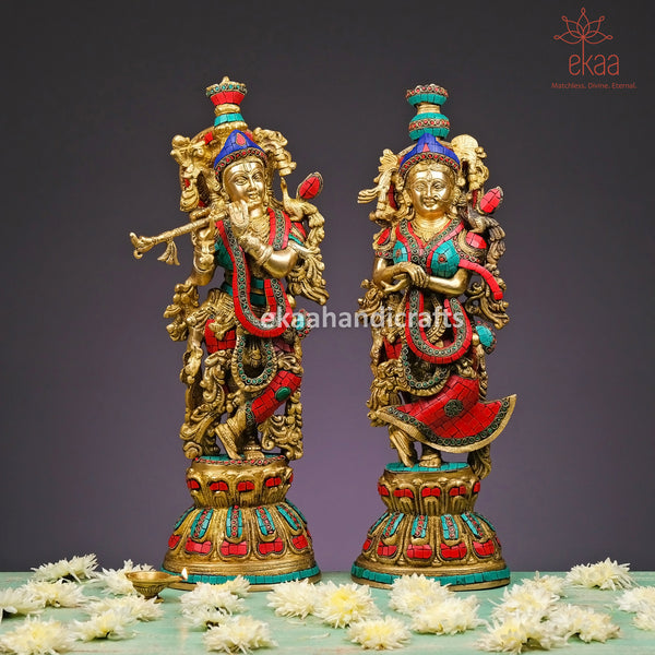 Radha Krishna Statue for Home Temple in Brass with Stonework