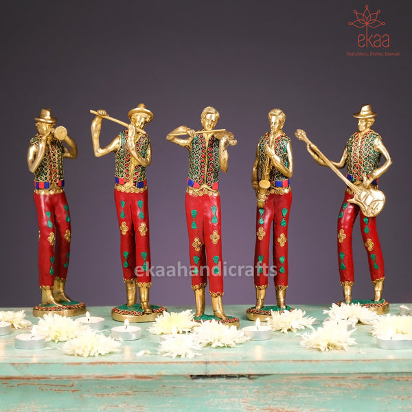 Brass Musician Standing Statue Set of 5 with Mosaic Stonework