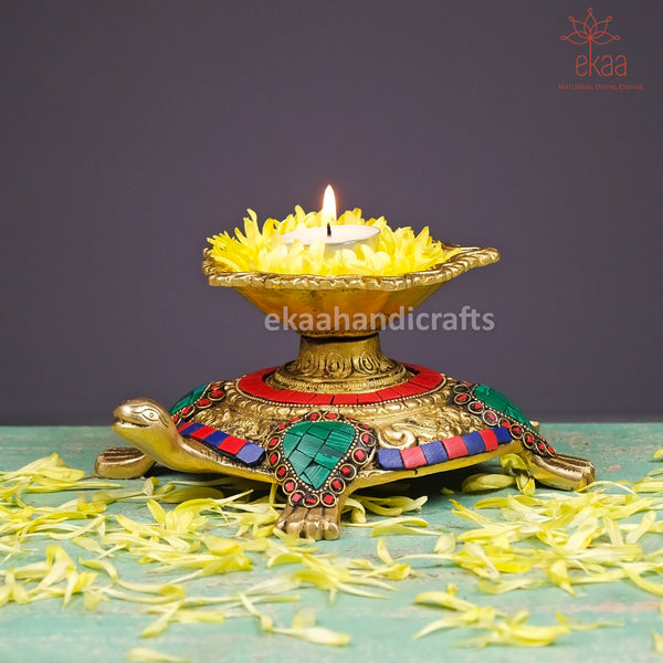 Brass Tortoise Diya for Good Luck in Stonework