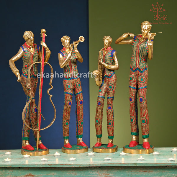 Brass Musician Standing Statue Set of 4 with Mosaic Stonework