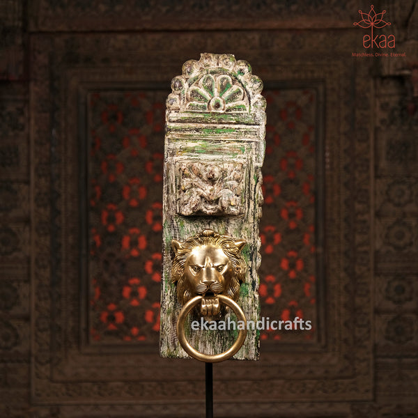 Brass Lion Mask with Wooden Carved Stand Home Decor