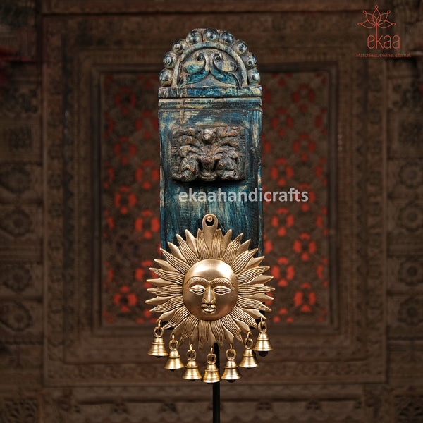 Brass Sun Mask with Wooden Carved Stand Home Decor