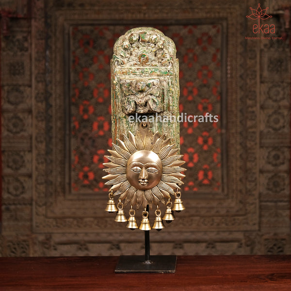 Brass Sun Mask with Wooden Carved Stand