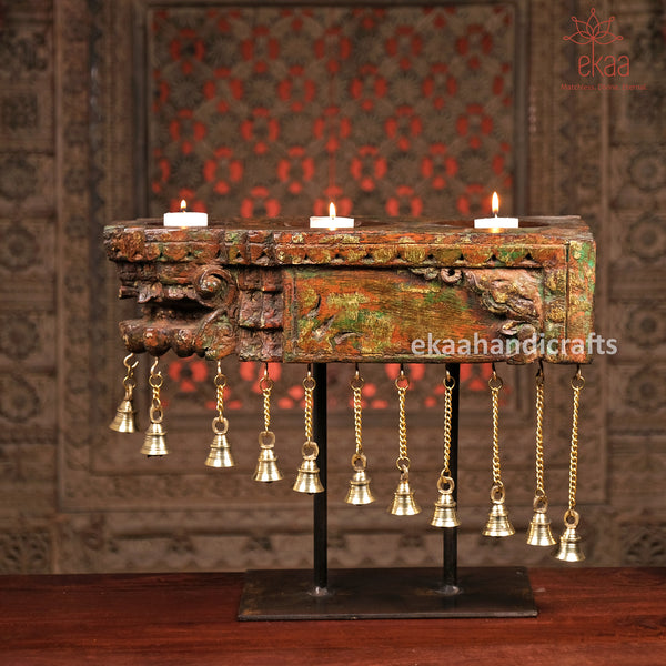 Wooden Candle Stand with Brass bells for Home Decor