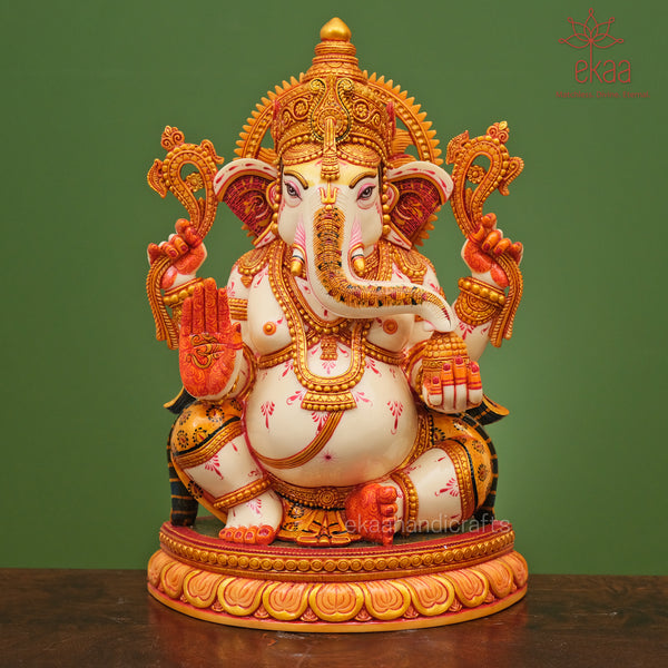 12" Lord Ganesha Statue on Lotus in Marble Dust
