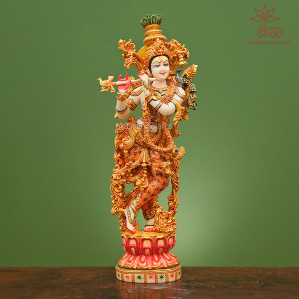 14.5" Krishna Statue in Marble Dust Hand Painted