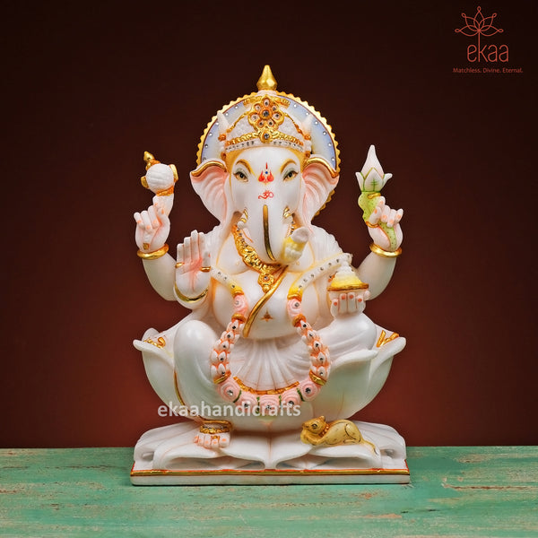 15" Lord Ganesha Statue Hand Carved in Marble